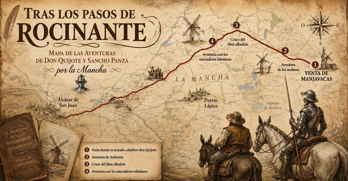 Tras los pasos de Rocinante.Mapa de las aventuras de don Quijote y Sancho Panza por la mancha